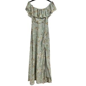 Lulus Off Shoulder Maxi Dress Size XS Green Pastel Floral Side Slit Cottage Core